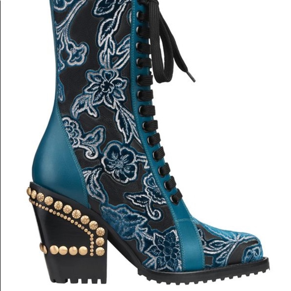 Chloe very rare Runway brocade leather / velvet studded boots. Size 37.5 - Picture 4 of 7
